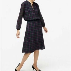 J.Crew Factory plaid neck tie long sleeves smocked waistband a line dress